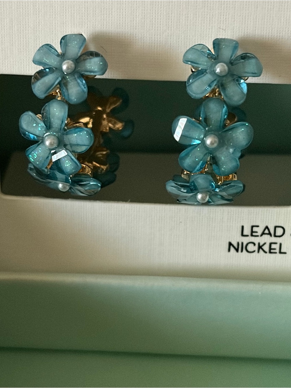 Piper K Blue Floral Hoop Earrings with Pearl Centers